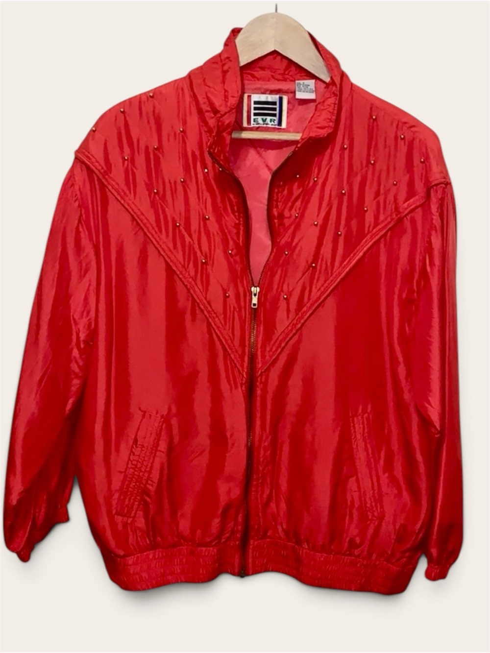Vintage 80s EVR Red Silk Bomber Track Jacket M Gold Bead Quilted Oversized
